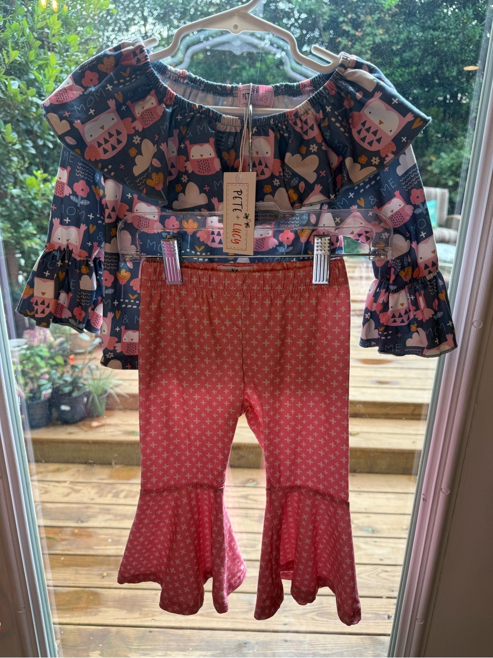 Pete + Lucy Navy and Pink Baby Girls' Blouse and Pants Set with Pink Owl Print